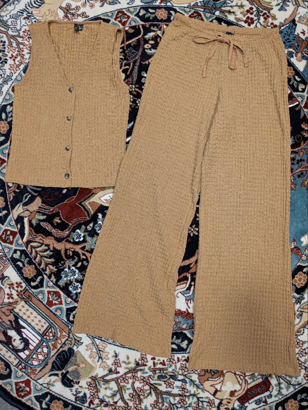 Button-Front Two-Piece Vest And Trouser Set in Camel (Purchased In Belgium 🇧🇪)